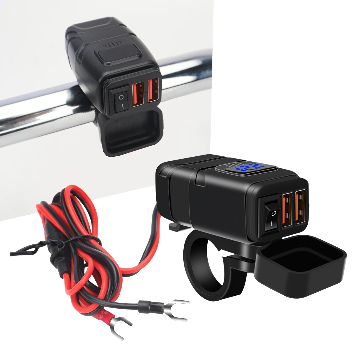 

USB-зарядное устройство для мотоцикла, 12-24 В, два порта USB для зарядки, водонепроницаемый аксессуар для мотоцикла с цифровым вольтметром для мобильных устройств