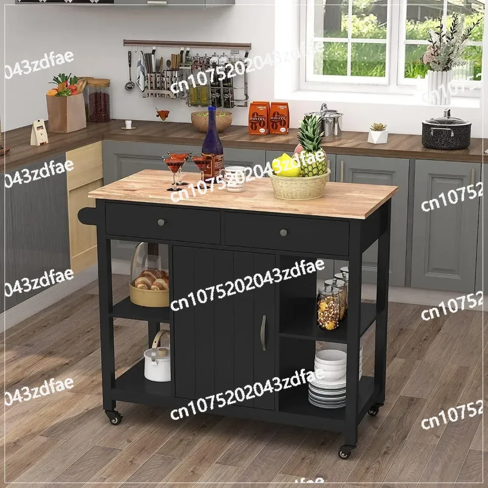 Kitchen Islands on Wheels with Wood Top, Utility Wood Movable Kitchen Cart with Storage and Drawers, Black