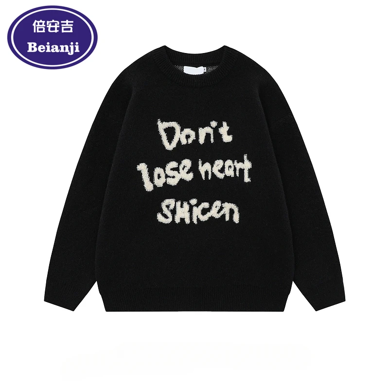 Beianji pullover trend brand simple letter flocking black round neck men's autumn and winter oversize lazy knit2024