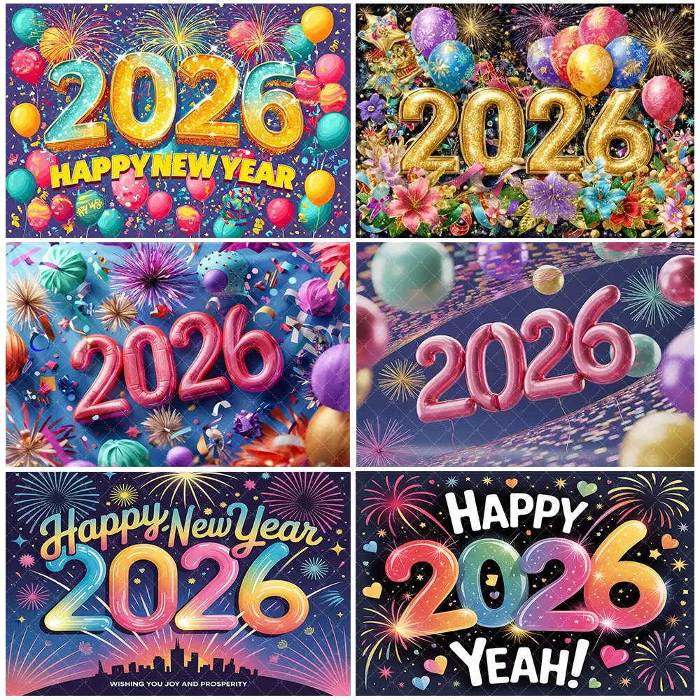 

2026 Happy New Year Theme Party Decoration Firework Colorful Balloons Shiny Golden 2026 Backdrop Photography Background Banner