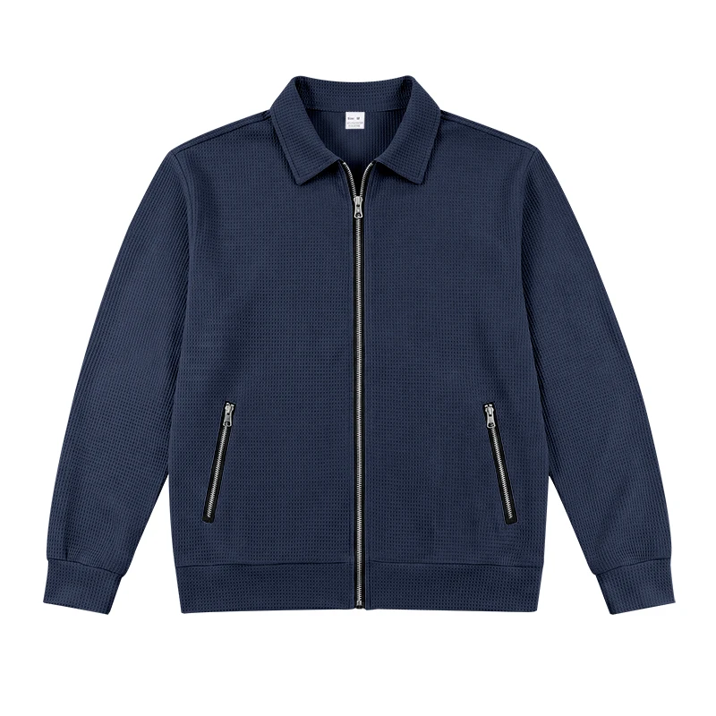 Herren Frühlings- und Herbstjacke aus Waffelstrick mit Reißverschluss, lässig, locker, leicht, mit Kragen, für den Alltag. – Detail 35