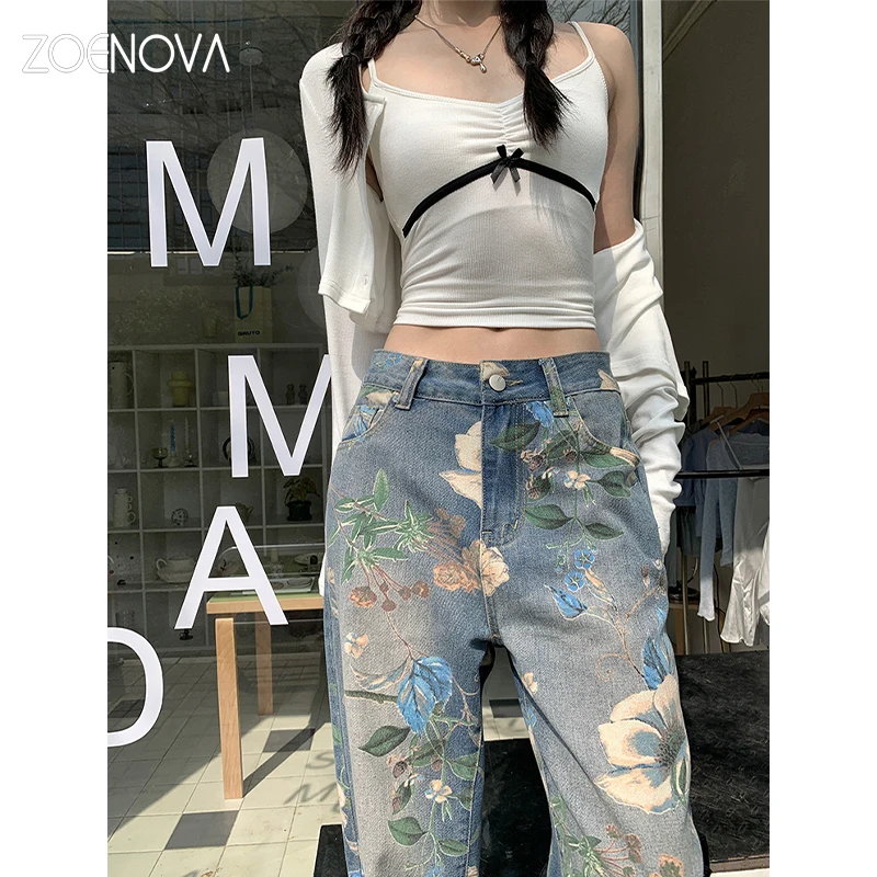 ZOENOVA Quality Printed High Waist Women\'s Jeans 2024 Summer Fashion Cool Girls Y2K Casual Loose Straight Denim Wide Leg Pants