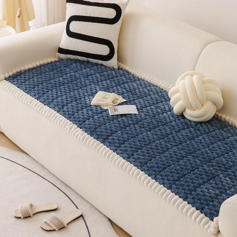 Honeycomb Fleece Living Room Sofa Cushion Autumn/Winter Straight-Cut One-Piece Anti-Slip Seat Pad Thickened Plush Sofa Cover