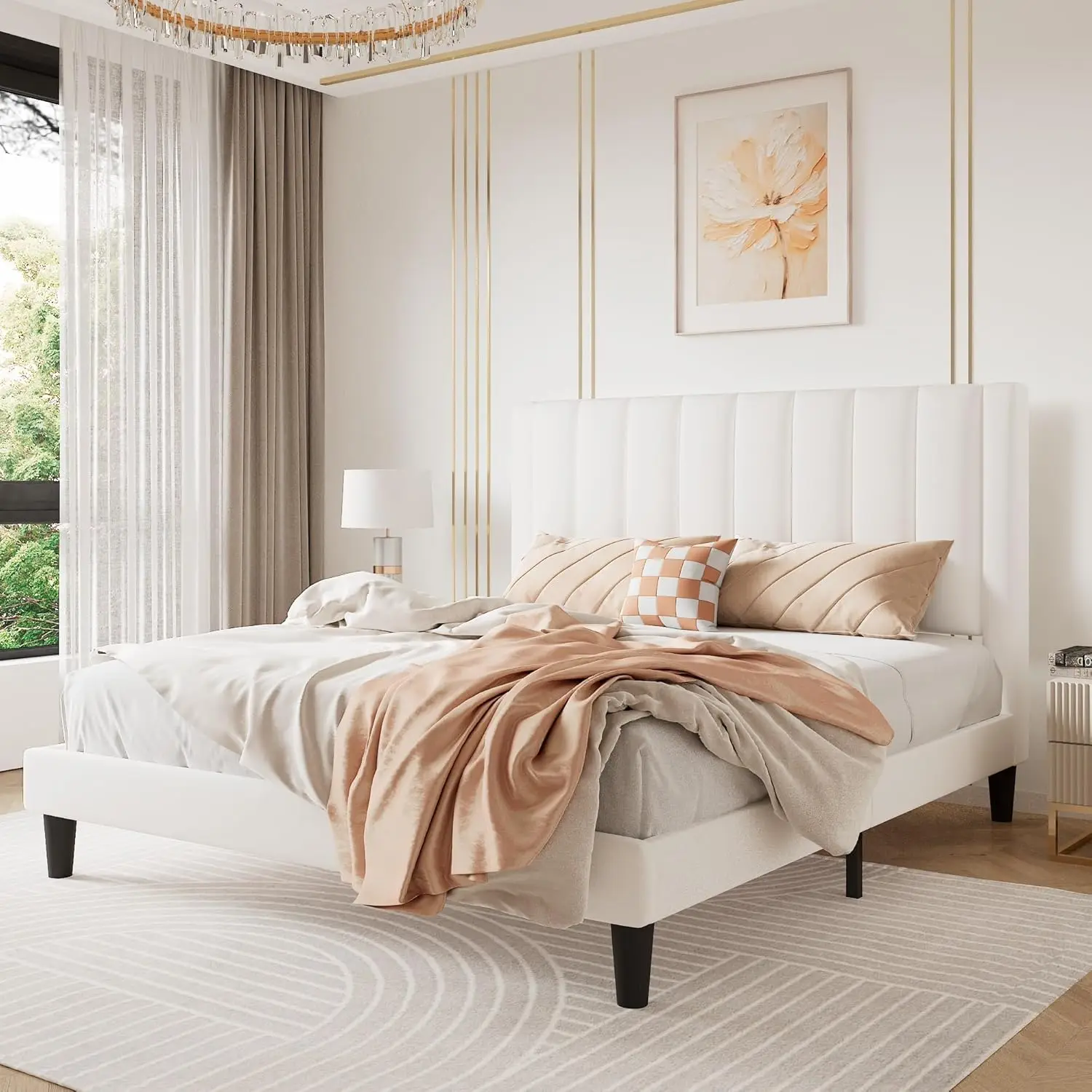 

Queen Bed Frame/Velvet Upholstered Platform Bed Frame with Headboard/Strong Wood Slats Support/Mattress Foundation/No Bo