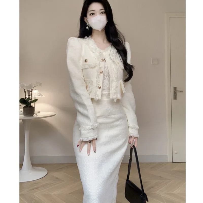 Korean Fashion Elegant Luxury Two-piece Skirt Sets Women Crop Jacket Coat Bodycon Midi Skirt Autumn Winter New Female Outfits