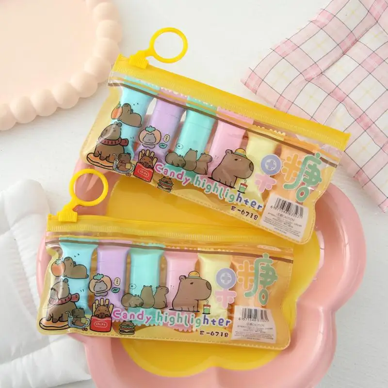 Специальные флуоресцентные маркеры Capacious Student — 6 шт. толстых маркеров с героями мультфильмов «Капибара»