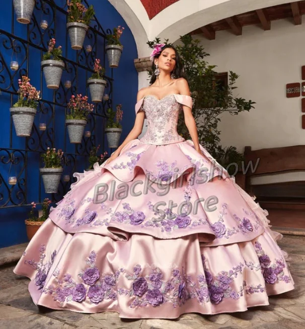 Prinzessin rosa Kapelle Zug 15 Quince anera Kleid mexikanischen Charro Luxus handgemachte Blumen bestickte Rüschen Vestido de Quinceañera