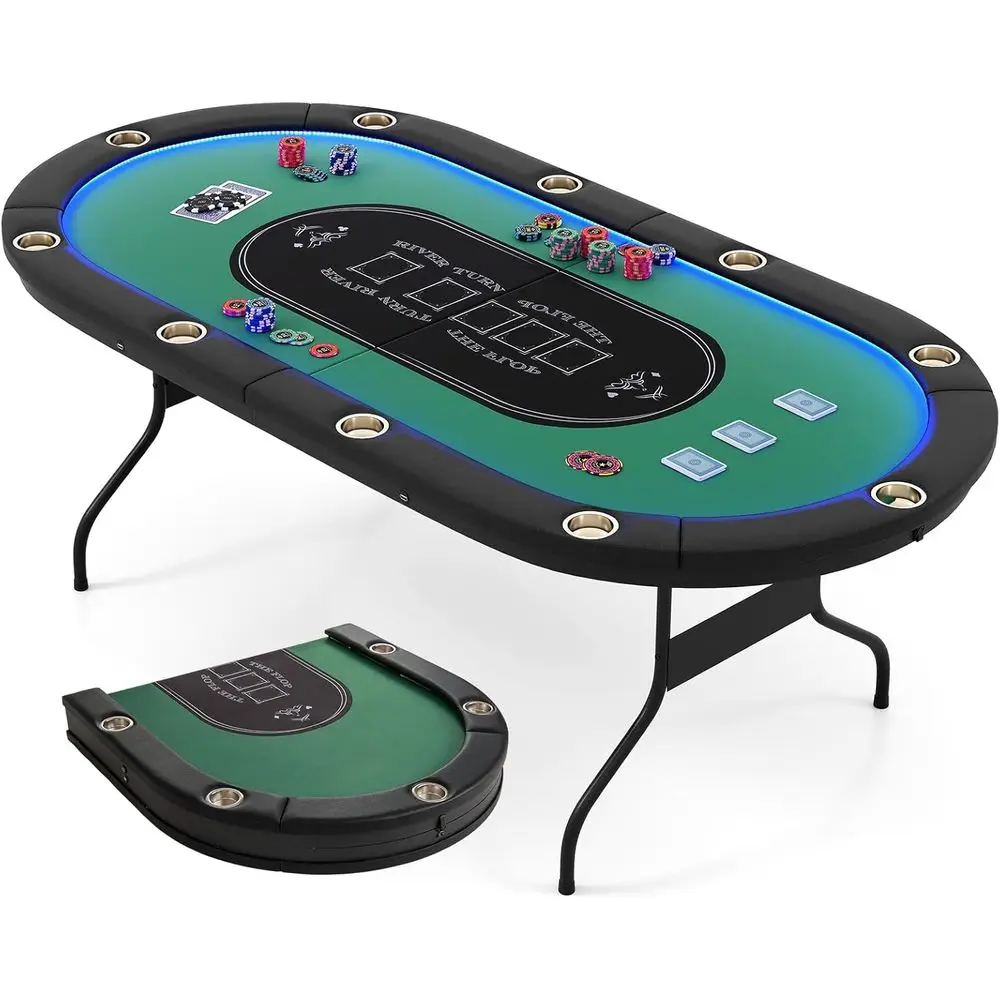 

84 LED-Illuminated Poker Table for 10, Casino-Style with Steel Cup Holders, Padded Rails, Ideal for Texas Hold'em, Blackjack, Re