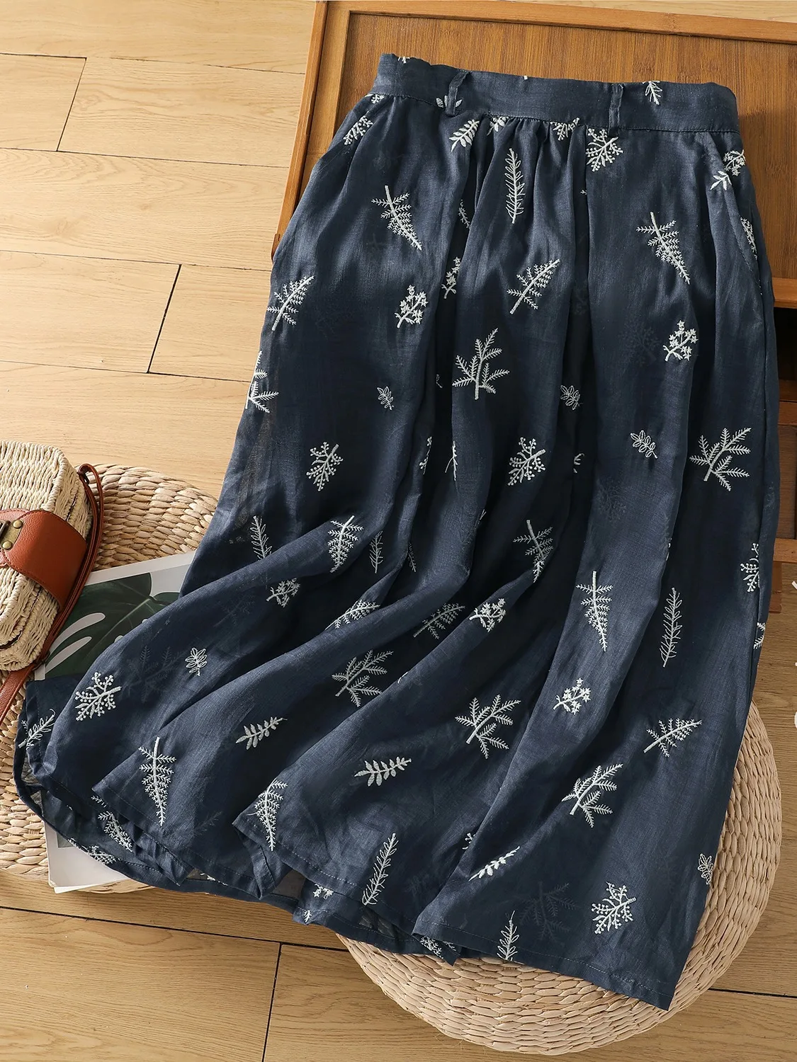 Retro Embroidered Cotton Linen A-Line Midi Skirt High Waist Large Size Draping Double Layer Ethereal Linen Skirt for Women