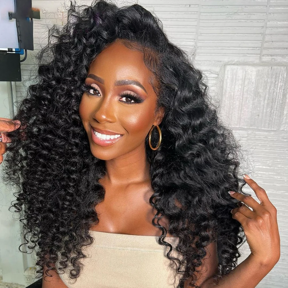 Soft Long 26inch Natural Black Glueless 180Density Kinky Curly Deep Lace Front Wig For Women With Baby Hair Preplucked Daily