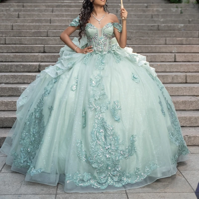 

Light Green Shiny Quinceanera Dresses Off The Shoulder Applique Lace Beading Crystal Tull Party Birthday Sweet 16 Dress Vestidos