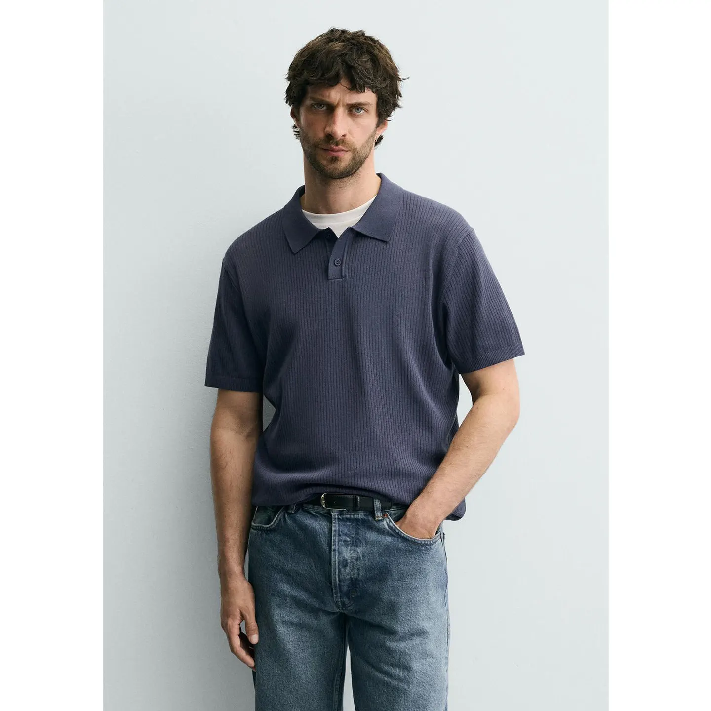 Spring New Men's Slim Fit Knitted Long Sleeve  Shirt Straight Tube Ribbed Knitwear Turn-down Collar Breathable Polyester