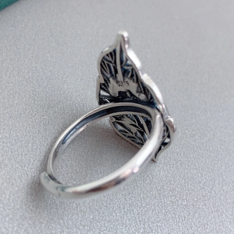 S990 Sterling Silver Rings for Women New Fashion Enamel Hollow Phoenix Leaves Ethnic Style Jewelry Adjustable Wholesale