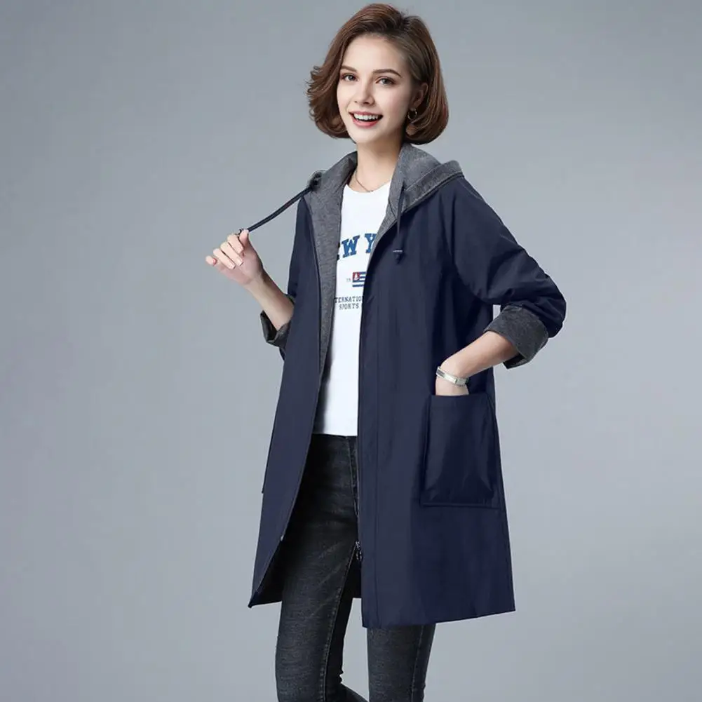 Women Windbreaker Women Jacket Spring Fall Women’s Hooded Jacket with Drawstring Plus Size Windbreaker Coat Mid-length Zipper