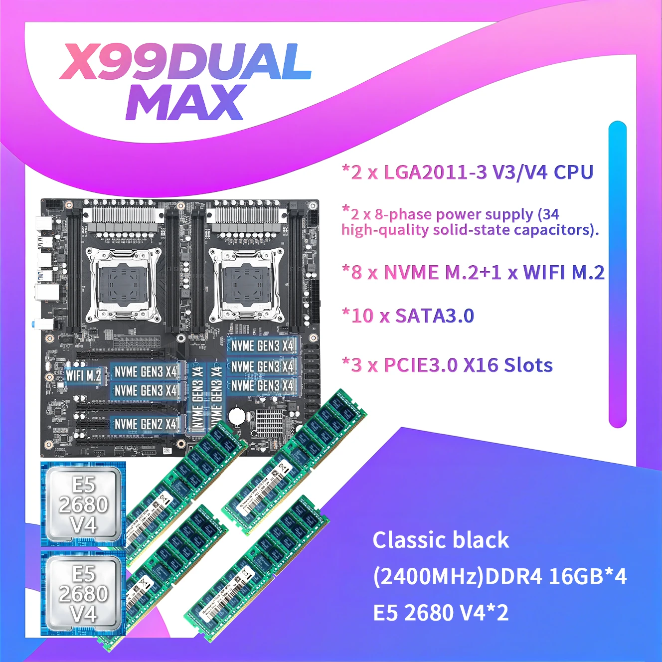 X99 dual-socket motherboard with dual 8-phase power supply eight NVMe M.2 slots Wi-Fi M.2 slot 10*SATA3.0 E5-2680V4 64GB RAM
