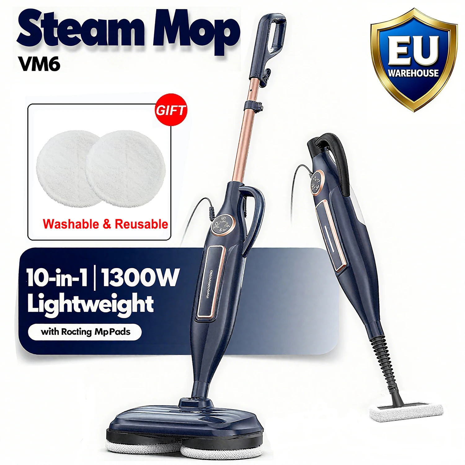 Pulitore per scopa a vapore VM6 Potenza 1300 W ad alta temperatura con scopa rotante 10 in 1 Leggero per aspirapolvere da cucina domestica