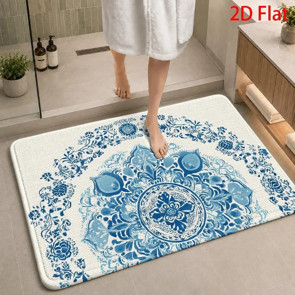 1pc/2pcs/3pcs Blue Floral Mandala Bath Rug Suitable for - Soft Absorbent Quick-Dry with Ceramic, Traditional Mandala Design Rectangular Suitable for Home Decor, Machine Washable, 2D Flat