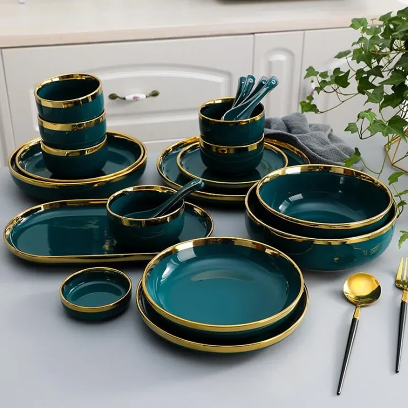 Green Ceramic Plate Steak Food Plates Bowls Ins Dinner Dish Luxurious Porcelain Dinnerware Set For Family Hotel