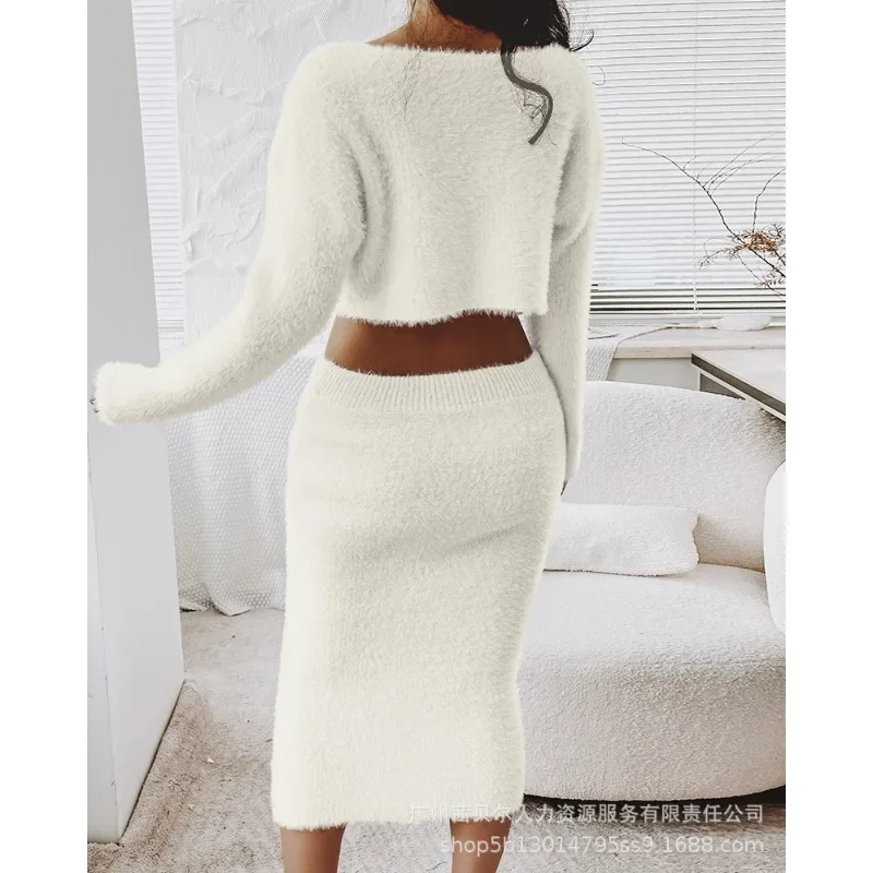 Long Sleeve Short Top Skirt Casual Woolen Trend Casual Dress Sets Sweater Women Skinny Knitted Skirts Fuzzy Knit Sweater Skirt