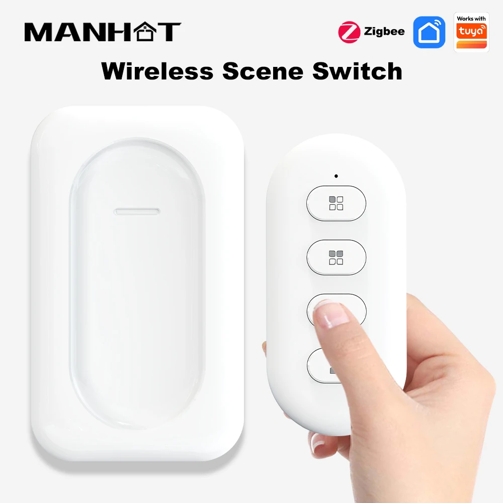 

MANHOT For Tuya Zigbee Smart Scene Switch 4 Gang 12 Scene Push Button Switch Battery Power Smart Home Automation Scenario Switch