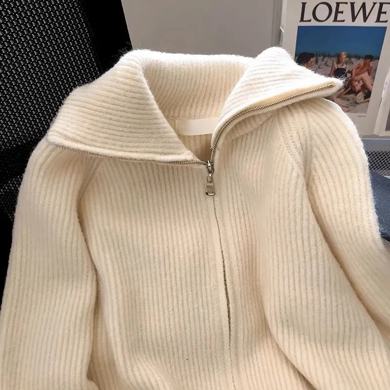 Autumn Winter 2024 Double Zipper Vintage Flip Collar Women Knitted Cardigan Sweater Jacket Student Korean Version Ladies Top