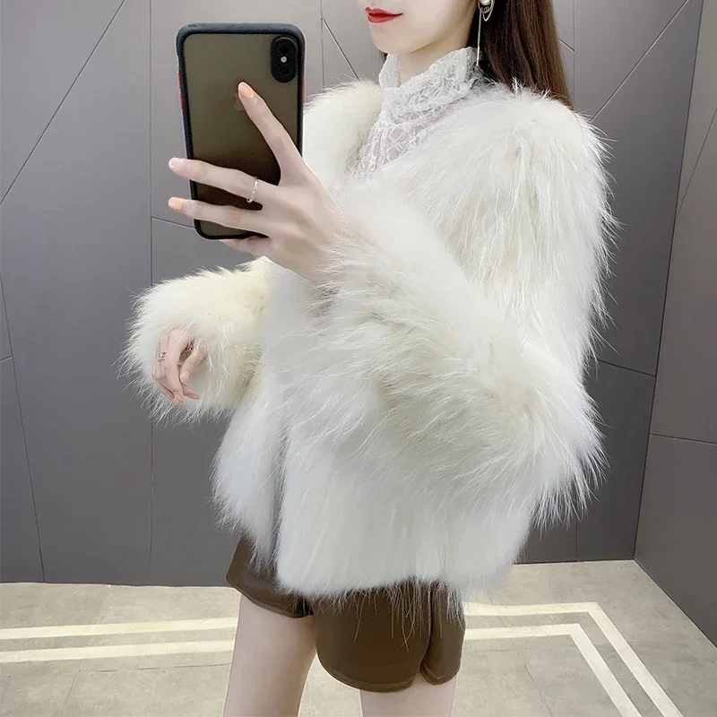 Fox Fur Coat Raccoon Double-sided Braided Jackets for Women Short Long Sleeve Knitted Thick Warm High Street Women's Clothing1Pc