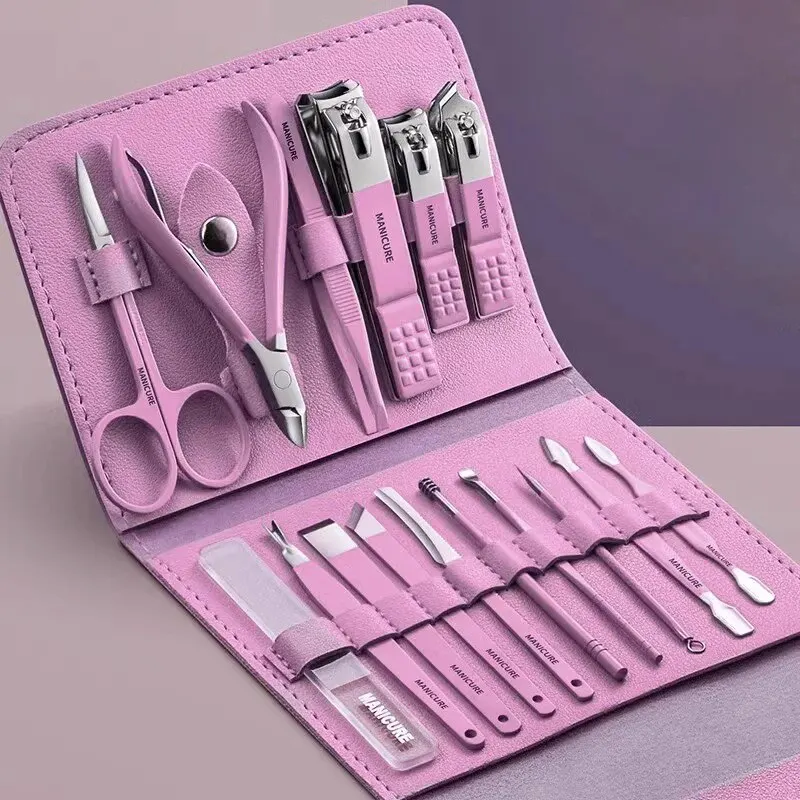 12-16 unids/set de cortaúñas de acero inoxidable, juego de cortaúñas con bolsa plegable, Kits de cortador de manicura, tijeras, herramienta de maquillaje de belleza