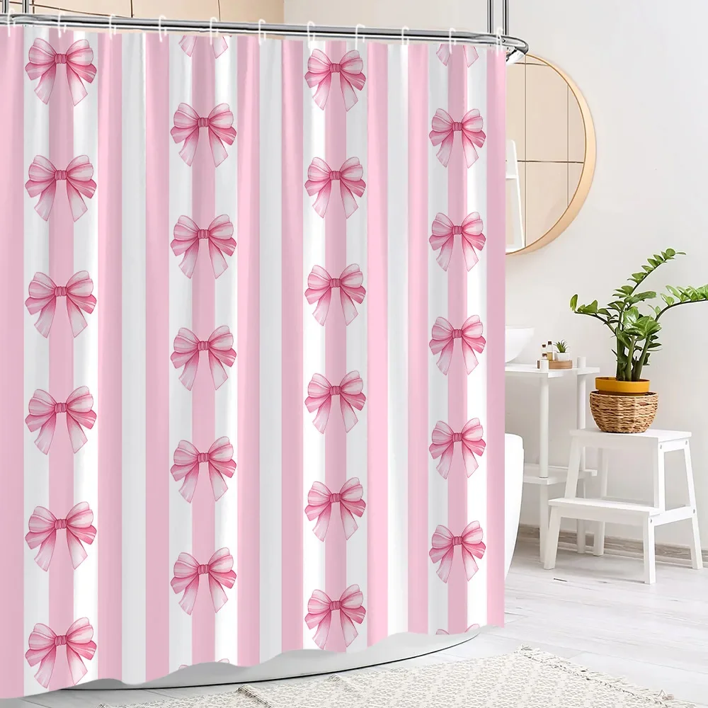 Pink Cute Bow Shower Curtain Fashion Stripe Plaid Girls\' Holiday Gift Polyester Fabric Shower Curtains Bathroom Decor With Hooks