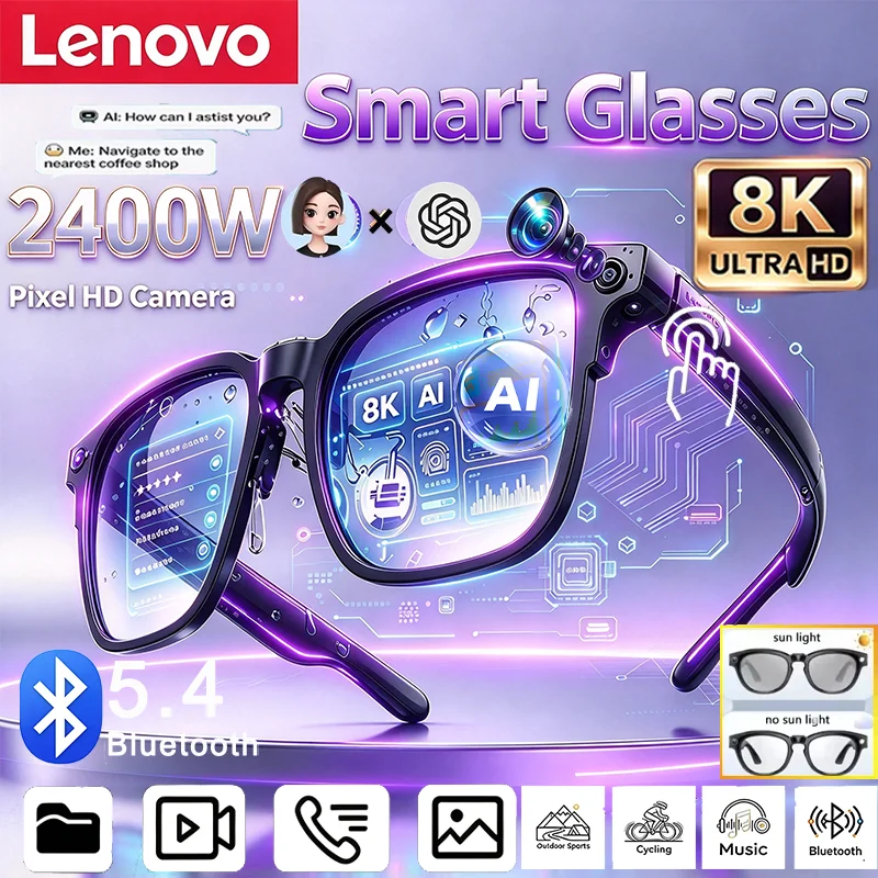 Smart Audio Glasses Bluetooth Polarized - Lenovo AIスマートオーディオグラス UV400偏光サングラス オープンイヤースピーカー 8K HDカメラ搭載
