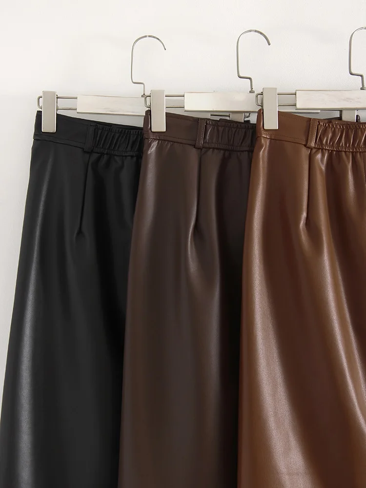 Long Leather Skirts For Women Brown High Quality PU Midi Bodycon Skirt Front Split High Waist Women's Leather Skirt Black Midi