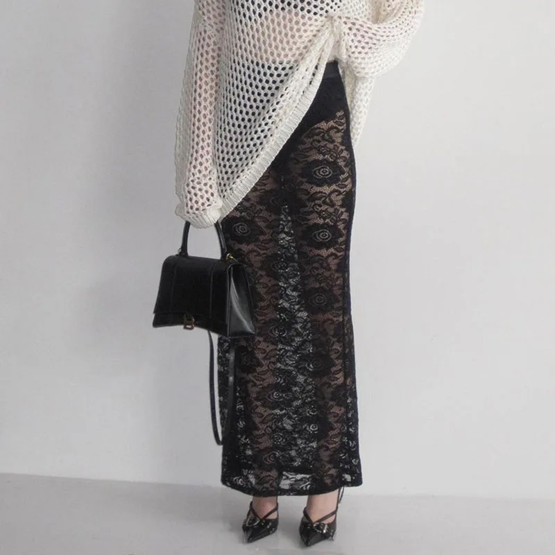 Fashion High Waist Women's Solid Color Long Skirts Summer See-through Simple Party Skirts High Street Lace Loose Commute Skirts