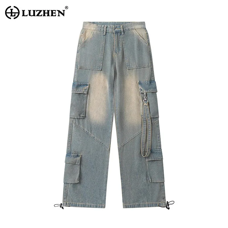 

LUZHEN 2025 American Style Washed Multi Pocket Wornout Vintage Straight Denim Pants Men's Stylish Loose Elastic Leg Jeans JY1335