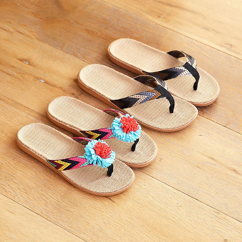 YNPO Herren Leinen-Flip-Flops mit Streifenband, flache EVA-Sandalen, rutschfeste Leinen-Slides, Hausschuhe, lässige Stroh-Strandschuhe für Herren – Detail 2