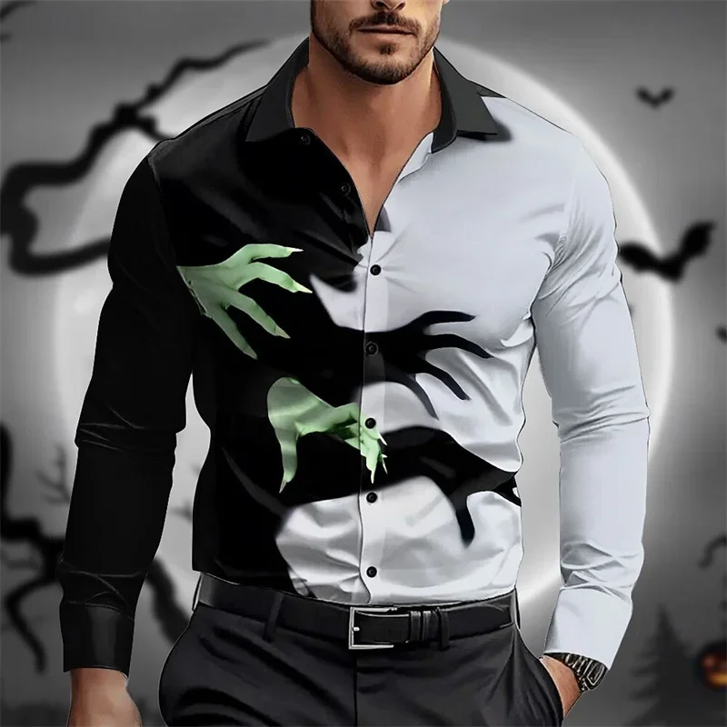 Halloween bruxa horror masculino formal botão camisa de manga longa festa de halloween noite outono inverno camisa lapela impressão 3d fina