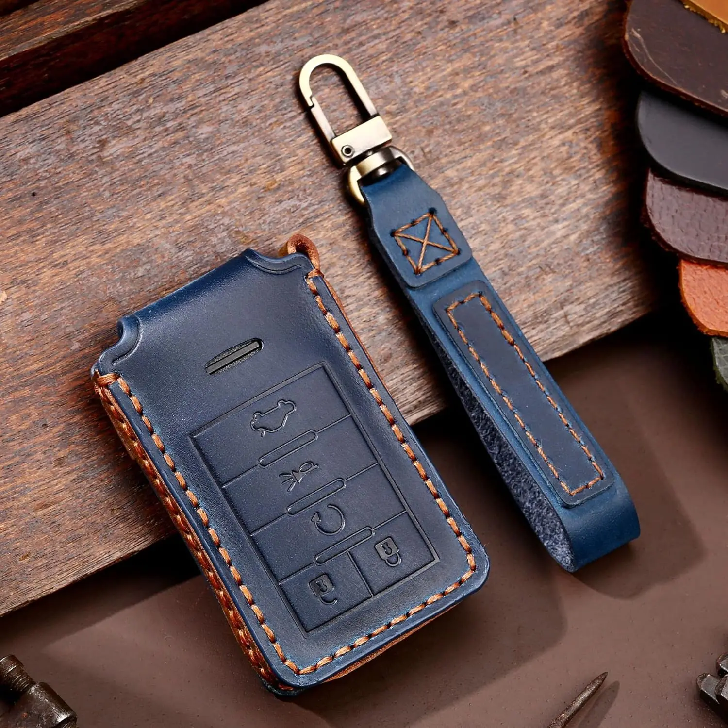 

WH 5-Button Car Cover For Cadillac Key Fob Case Leather Key Holder Stylish Key Shell Blue