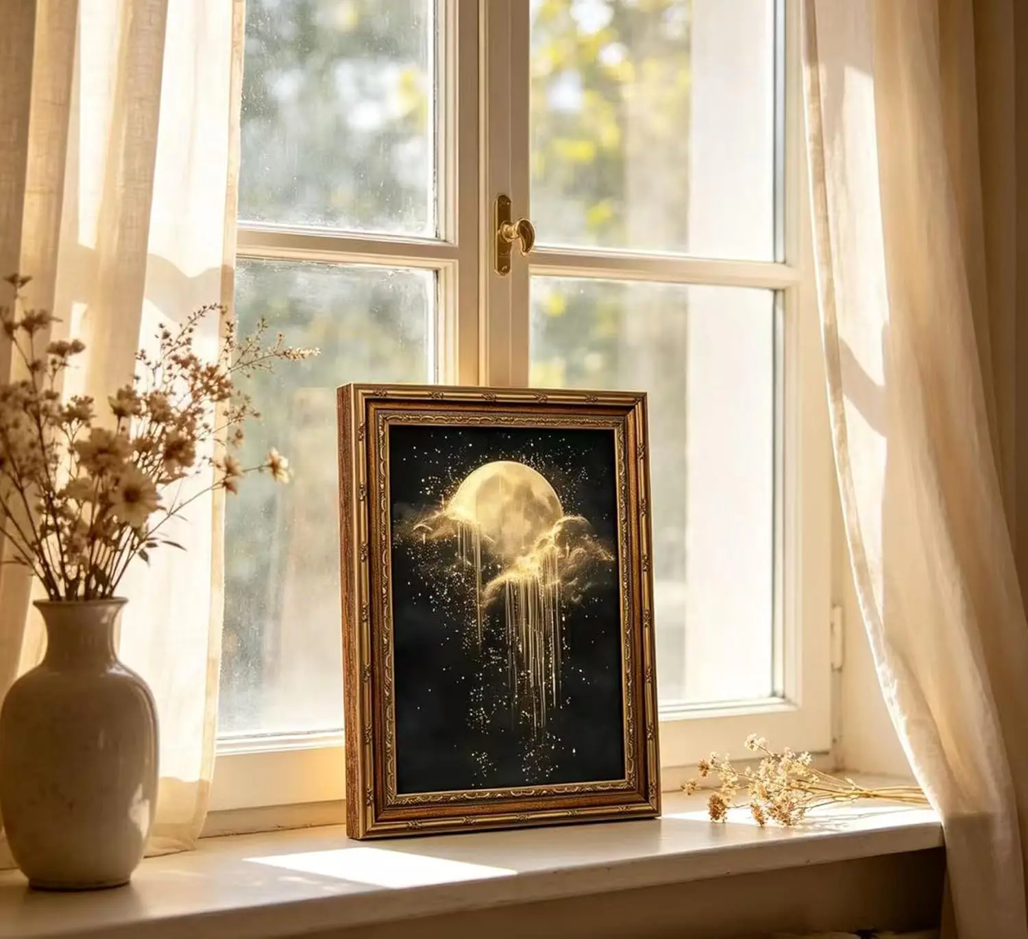 Antique Framed Celestial Canvas Wall Art Golden Moon Starry Sky Canvas Painting Retro Dark Home Bedroom Wall Decoration - view 4