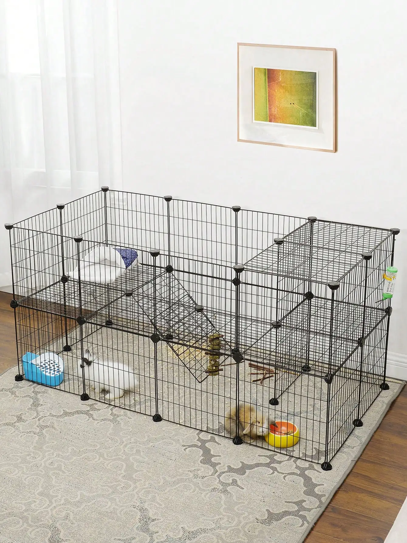 SONGMICS Pet Playpen, Small Animal Playpen, Two-Story Pet Premium Villa With Ramp, DIY Metal Wire Fence For Ferret, Rabbits,