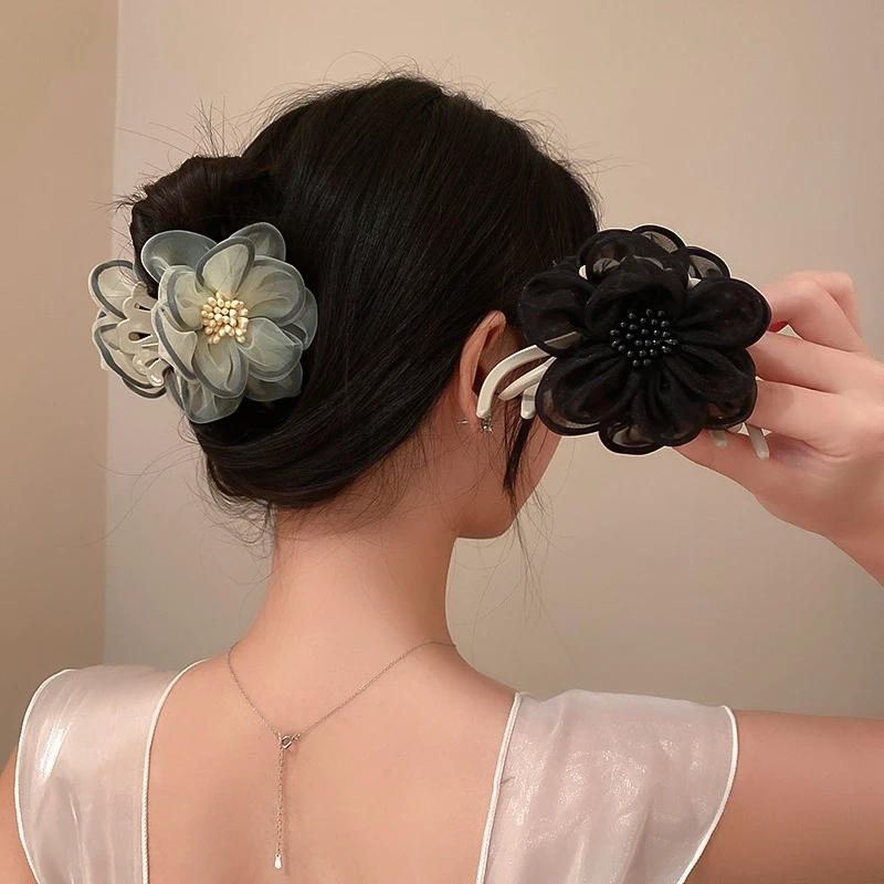 Fashion Big Camellia Fabric Flower Crab Hair Claw Clips Large Plastic Ponytail Holder Hair Clamps Wedding Party Hair Accessories