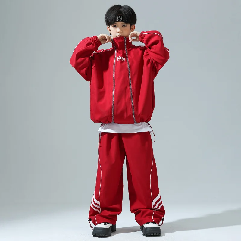 Boys Hip Hop Clothing Red Tops Streetwear Sports Meeting Cargo Pants for Girls Kids Jazz Dance Costume Clothes Set