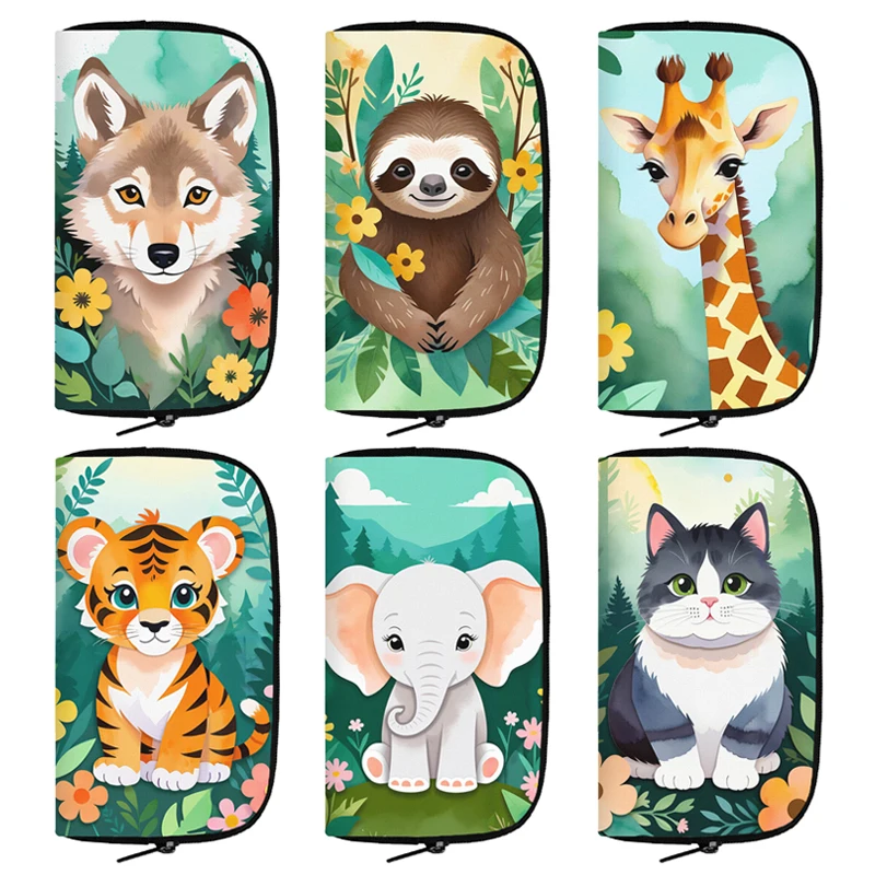 

Мультяшные акварельные кошельки с животными, тигр, панда, Ленивец, волк, рисунок, кредитная карта, искусственная монета, длинный бумажник