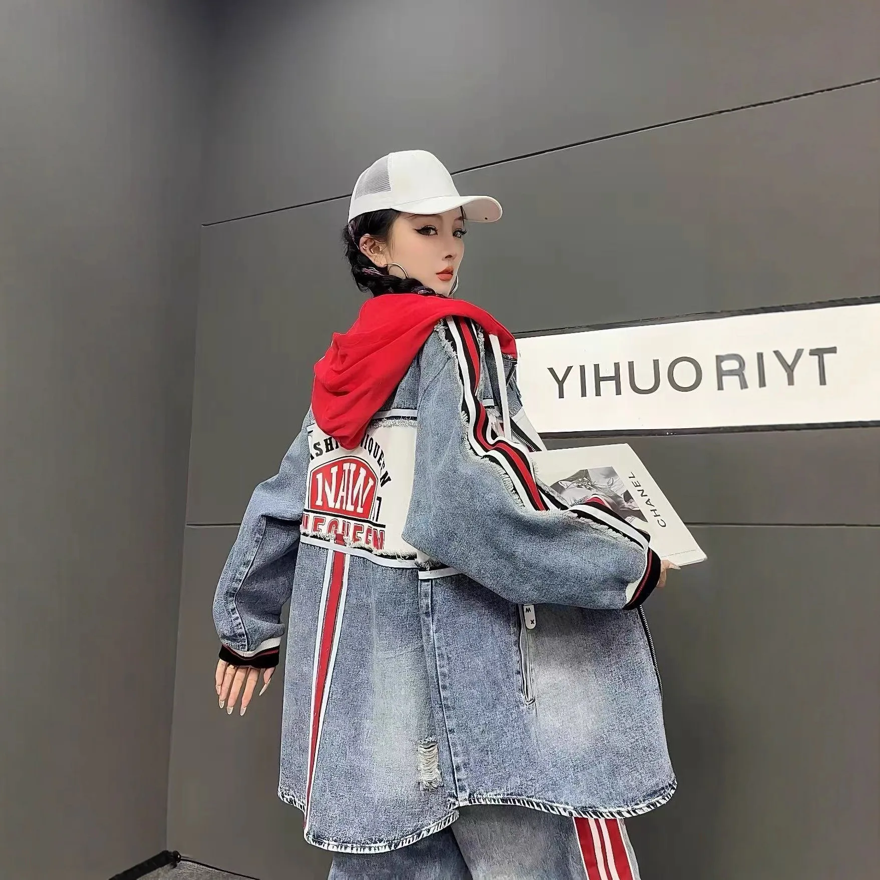 2025 Autumn Ne Denim Jacket Women Fashion Unique Color Blocking Hooded Coats Letter Print Striped Mid-Length Jacket Street Style