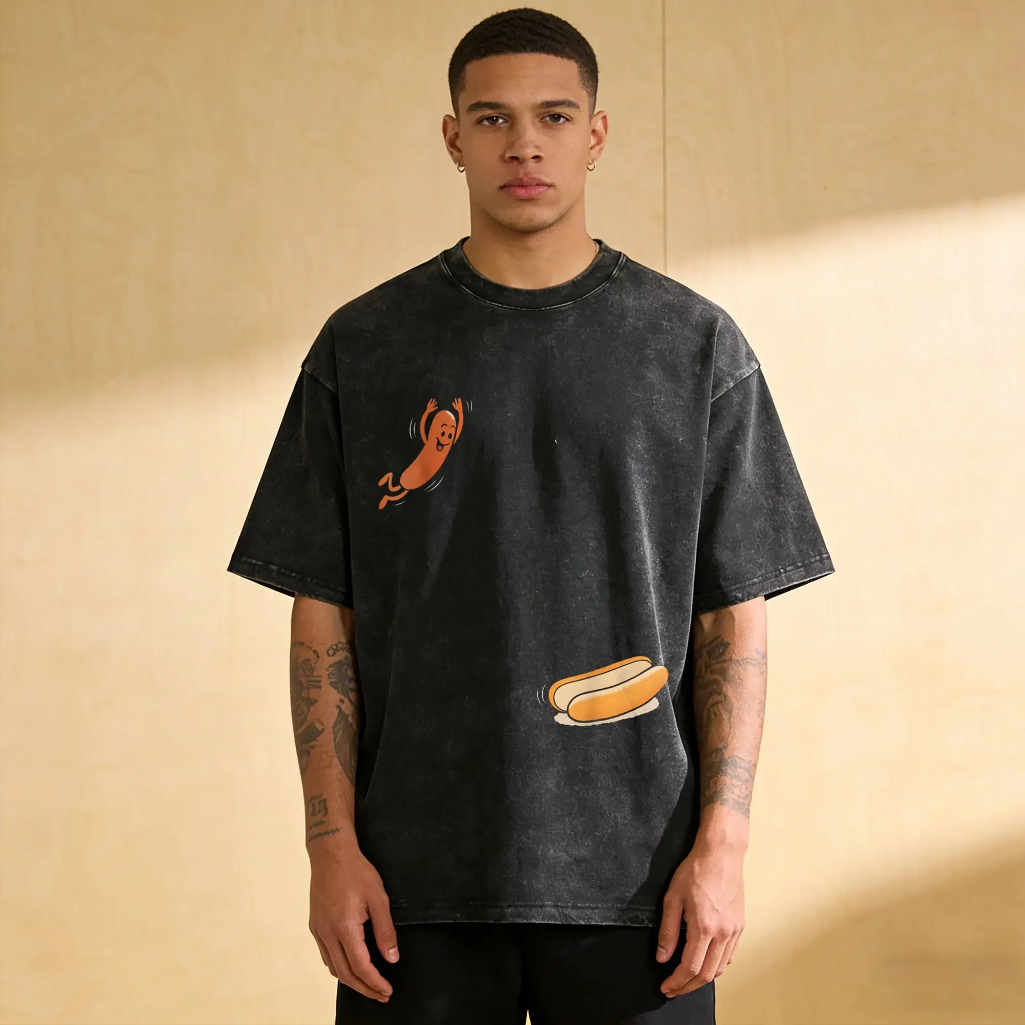 Vintage Washed T Shirt Funny Hot Dog Jumping Into Bun Sausage BBQ High Dive Cotton T-Shirts Beach Y2K Classic Custom DIY Tees