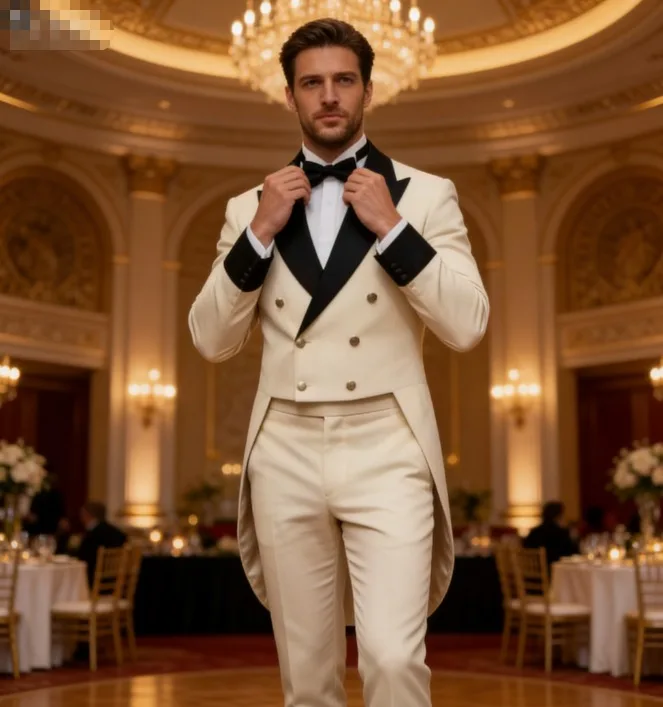 

Мужской костюм-двойка: приталенный двубортный пиджак с острыми лацканами и брюки для свадьбы, выпускного или вечеринки