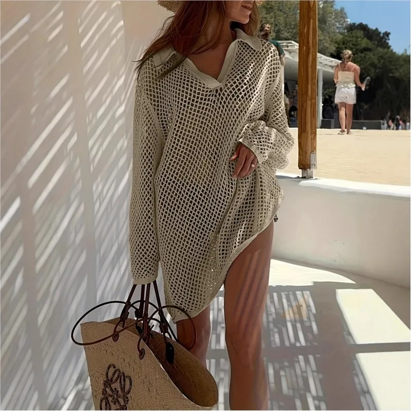

Новый женский тонкий свободный вязаный свитер-накидка с отложным воротником и ажурным узором для пляжного отдыха, с длинными рукавами, для защиты от солнца