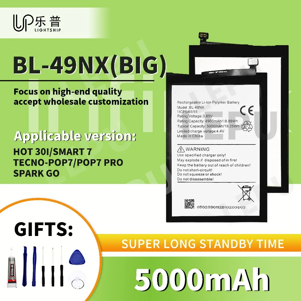 

TECNO SPARK GO Battery INFINIX HOT 30I Original Battery + Tools BL-49NX 5000mAh for INFINIX SMART 7 New Battery TECNO POP 7 Pro