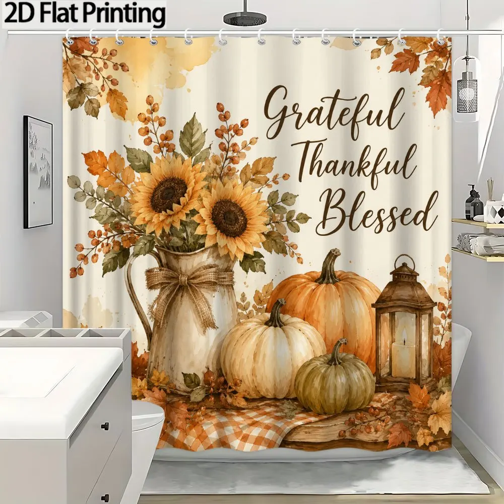 2D Flat Pack 1-Piece Watercolor Sunflower and Pumpkin Shower Curtain for Autumn Harvest Bathroom Decor Machine Washable with Hooks Grateful and Blessed Floral Bathtub Curtain 70.8x 70.8inch Autumn Bathroom Hanging Curtain 2D Flat Pack