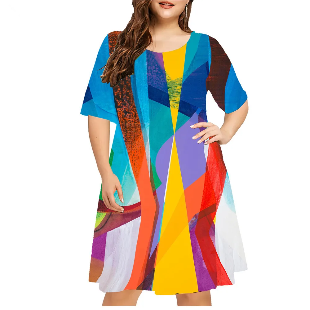 2024 New Women Dress Fashion Summer Painting Colorful Striped Loose Dress Casual Short Sleeve A-Line Dress Plus Size 7XL 8XL 9XL