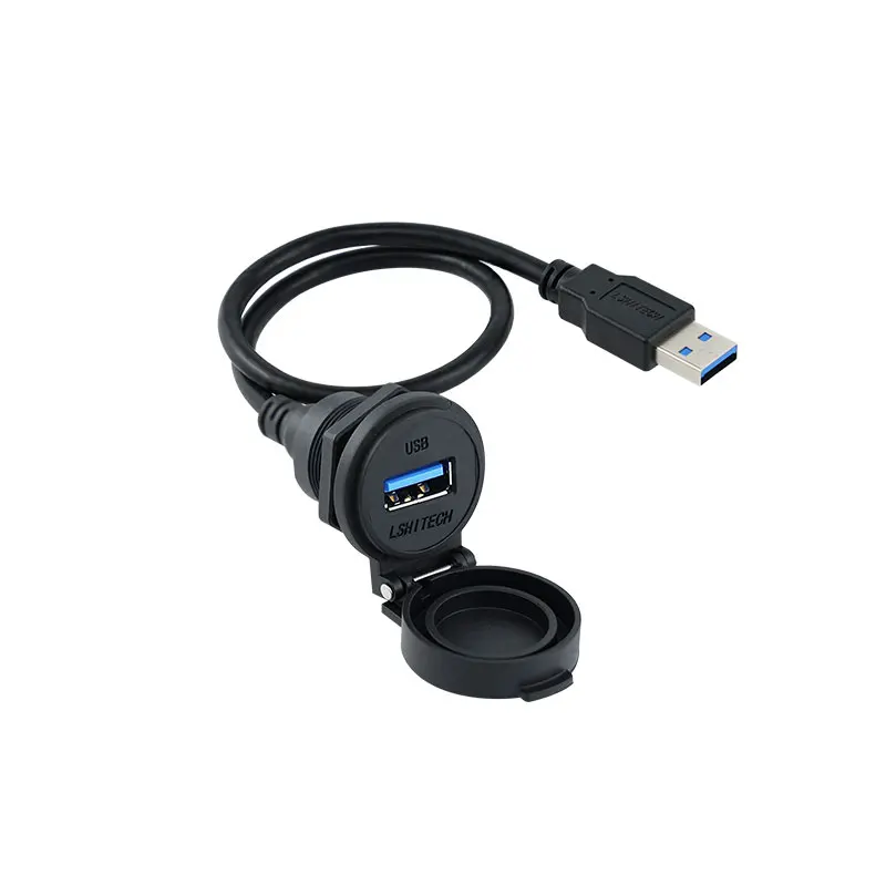 M22.5 USB 3.0 Waterproof Female to Male Extension Cable with Dust Cap & Back Nut, 0.1-4m Industrial Panel Mount Connector