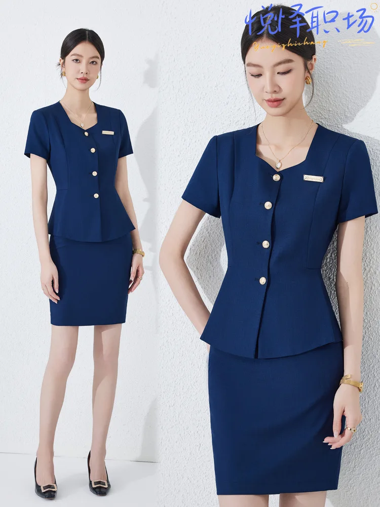 Professional women's suit for hotel, jewelry store, beauty salon front desk receptionist workwear, elegant short-sleeved formal