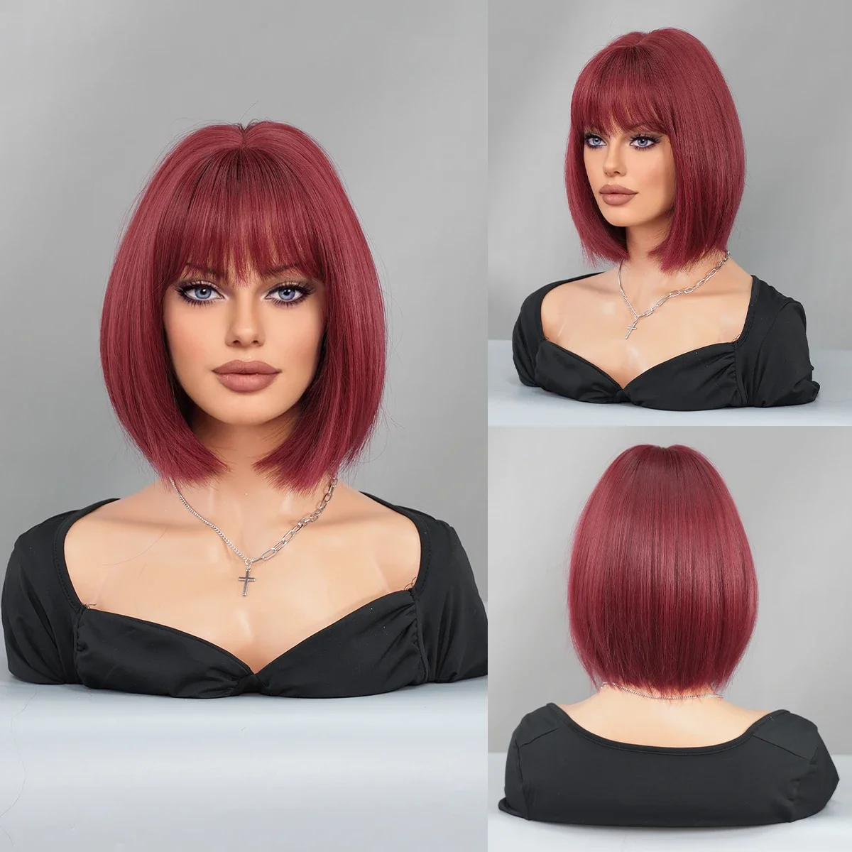PARK YUN Costume Wig Straight Wine Red Bob Wigs With High Density Synthetic Wig With Bangs For Women Beginner Friendly